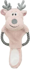 Vánoční sob na laně, šustící, 47 cm, plyš/bavlněné lano, růžová/šedá